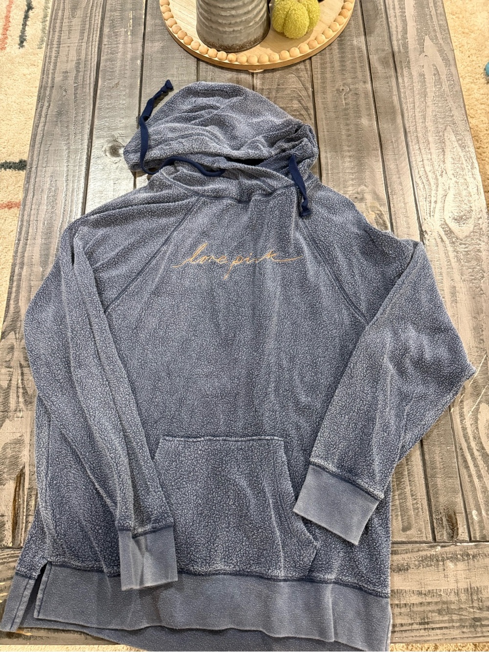 PINK Victoria's Secret Men's Heathered Blue Crewneck Hoodie with Script Logo